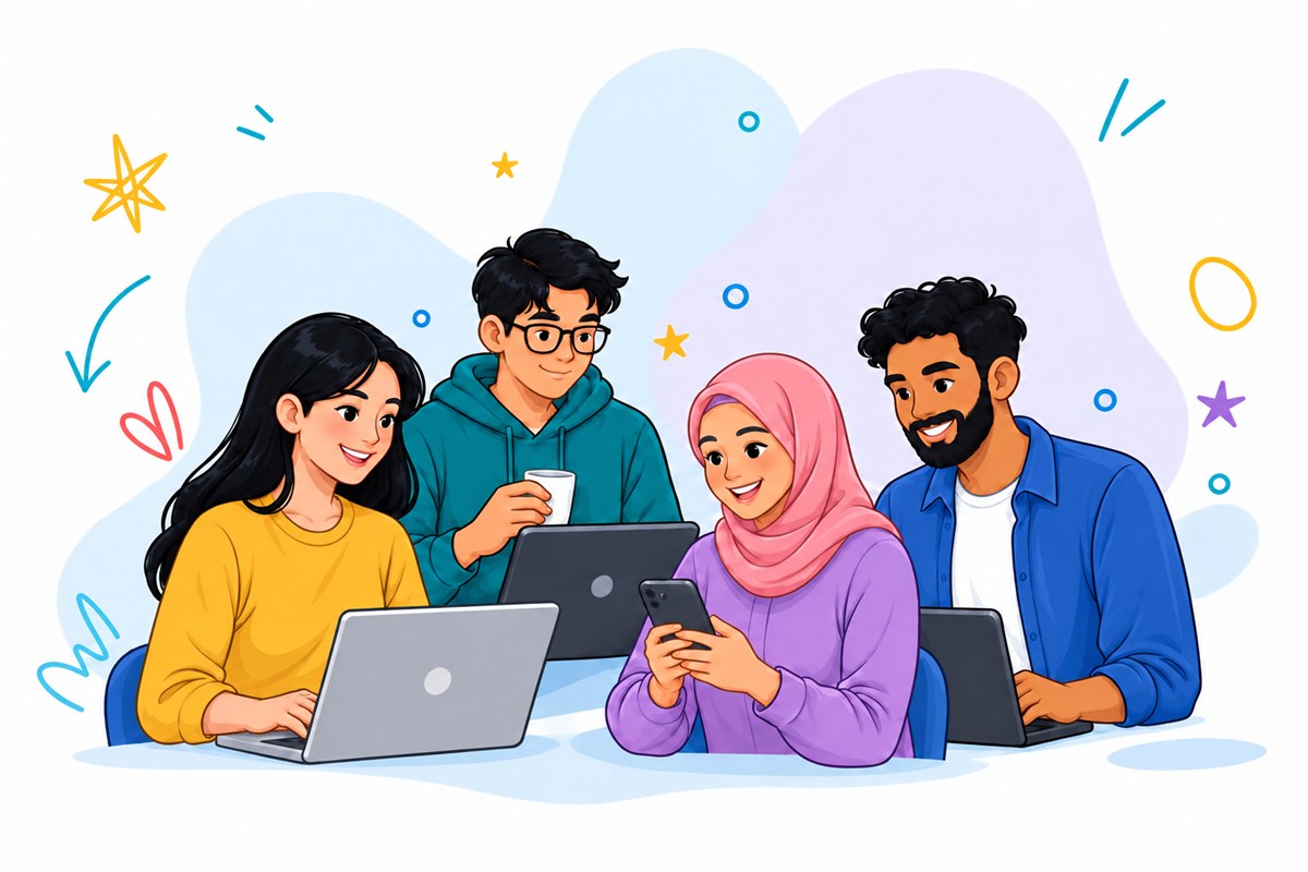 Four colleagues working together with laptops and phones
